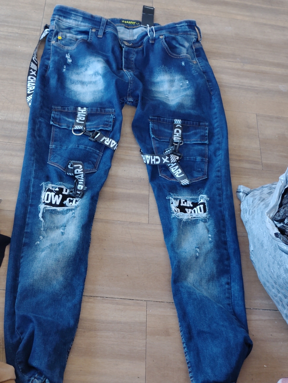 Distressed Dark Blue Slim Fit  Cargo Jeans with Straps Size 36